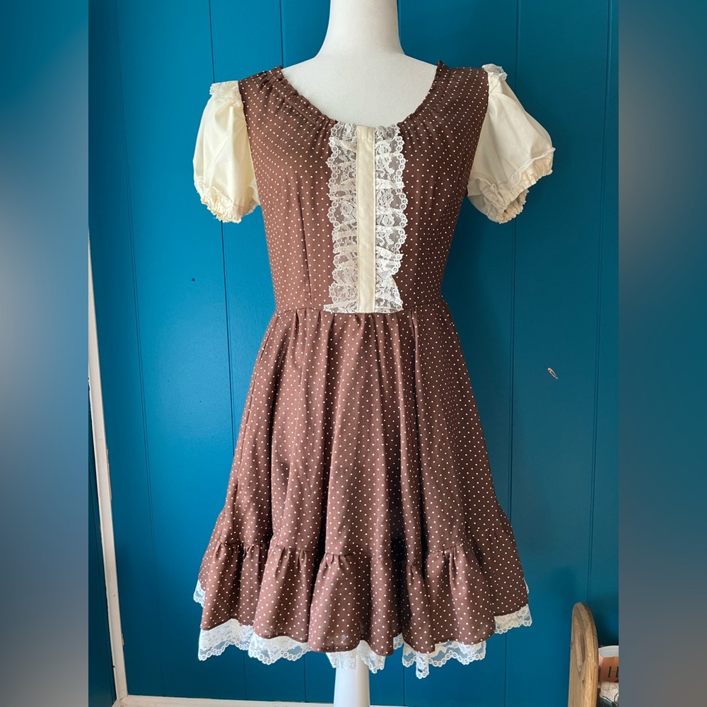 Brown Polka Dot Lace Trim Dress with Cream Puff Sleeves and Bloomers
